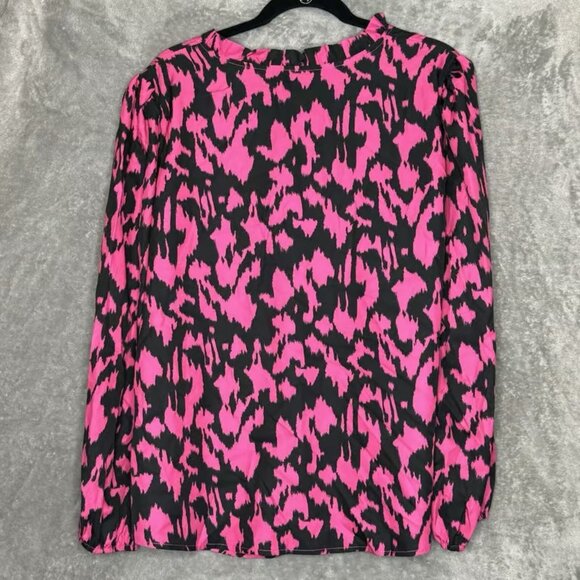 SHEIN Tops - Shein 2X Top Shirt Pink Black Cheetah Animal Print Long Sleeve Keyhole V Neck